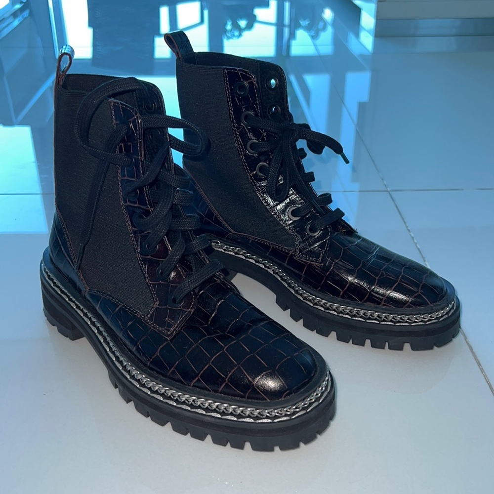 TopShop burgundy/dark brown croc boots with chain detail